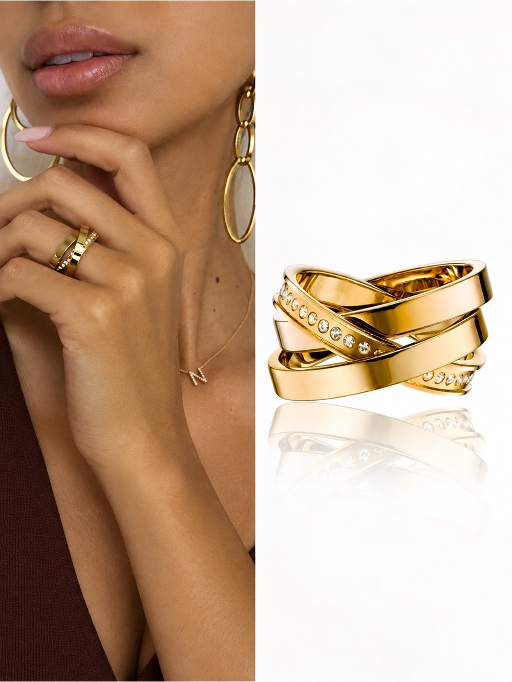 NWT Vita Fede Cassio Pavé Gold Interlocking Stack Ring